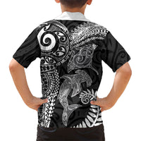 Aotearoa Maori Sea Animals Tribal Family Matching Off Shoulder Maxi Dress and Hawaiian Shirt Manta Ray and Shark Moko Pattern Black Color LT03 - Polynesian Pride
