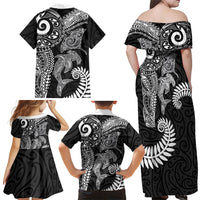 Aotearoa Maori Sea Animals Tribal Family Matching Off Shoulder Maxi Dress and Hawaiian Shirt Manta Ray and Shark Moko Pattern Black Color LT03 - Polynesian Pride