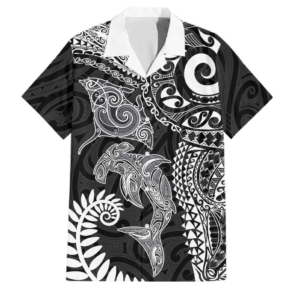 Aotearoa Maori Sea Animals Tribal Family Matching Off Shoulder Short Dress and Hawaiian Shirt Manta Ray and Shark Moko Pattern Black Color LT03 Dad's Shirt - Short Sleeve Black - Polynesian Pride