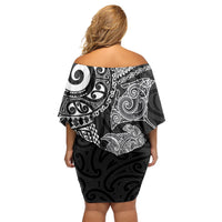 Aotearoa Maori Sea Animals Tribal Family Matching Off Shoulder Short Dress and Hawaiian Shirt Manta Ray and Shark Moko Pattern Black Color LT03 - Polynesian Pride