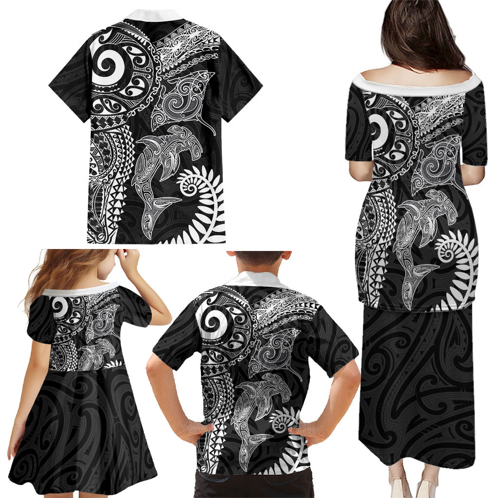 Aotearoa Maori Sea Animals Tribal Family Matching Puletasi and Hawaiian Shirt Manta Ray and Shark Moko Pattern Black Color LT03 - Polynesian Pride