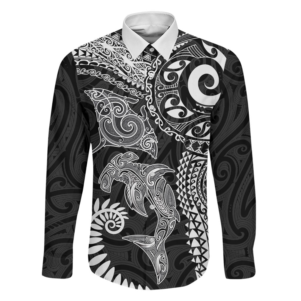 Aotearoa Maori Sea Animals Tribal Family Matching Puletasi and Hawaiian Shirt Manta Ray and Shark Moko Pattern Black Color LT03 Dad's Shirt - Long Sleeve Black - Polynesian Pride