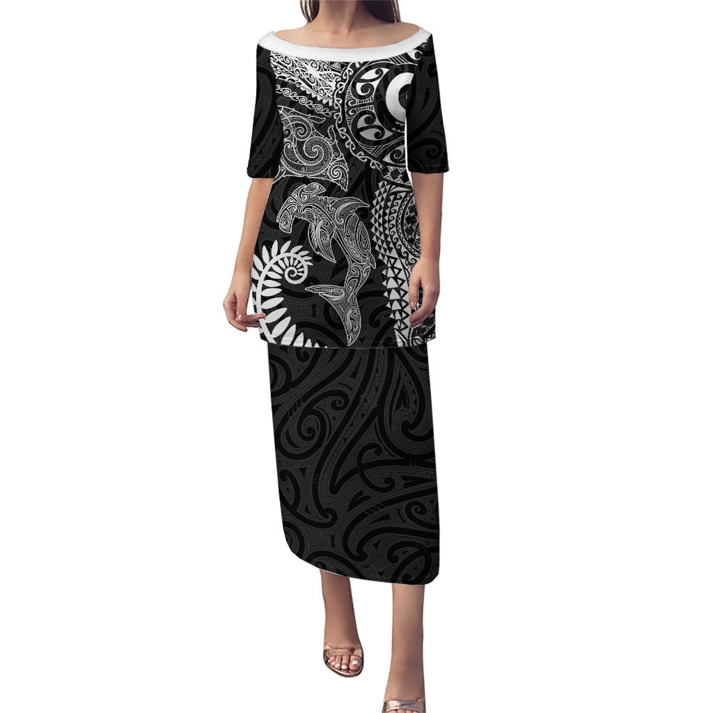 Aotearoa Maori Sea Animals Tribal Family Matching Puletasi and Hawaiian Shirt Manta Ray and Shark Moko Pattern Black Color LT03 Mom's Dress Black - Polynesian Pride