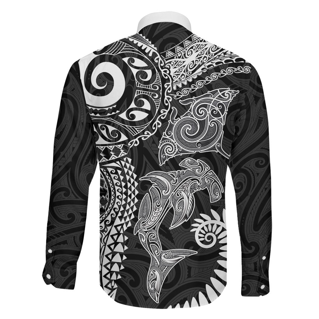 Aotearoa Maori Sea Animals Tribal Family Matching Short Sleeve Bodycon Dress and Hawaiian Shirt Manta Ray and Shark Moko Pattern Black Color LT03 - Polynesian Pride