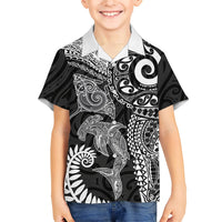 Aotearoa Maori Sea Animals Tribal Family Matching Short Sleeve Bodycon Dress and Hawaiian Shirt Manta Ray and Shark Moko Pattern Black Color LT03 Son's Shirt Black - Polynesian Pride