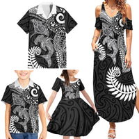Aotearoa Maori Sea Animals Tribal Family Matching Summer Maxi Dress and Hawaiian Shirt Manta Ray and Shark Moko Pattern Black Color LT03 - Polynesian Pride