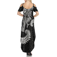 Aotearoa Maori Sea Animals Tribal Family Matching Summer Maxi Dress and Hawaiian Shirt Manta Ray and Shark Moko Pattern Black Color LT03 - Polynesian Pride