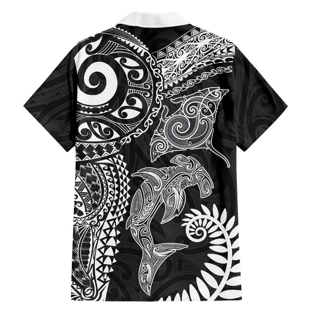 Aotearoa Maori Sea Animals Tribal Hawaiian Shirt Manta Ray and Shark Moko Pattern Black Color