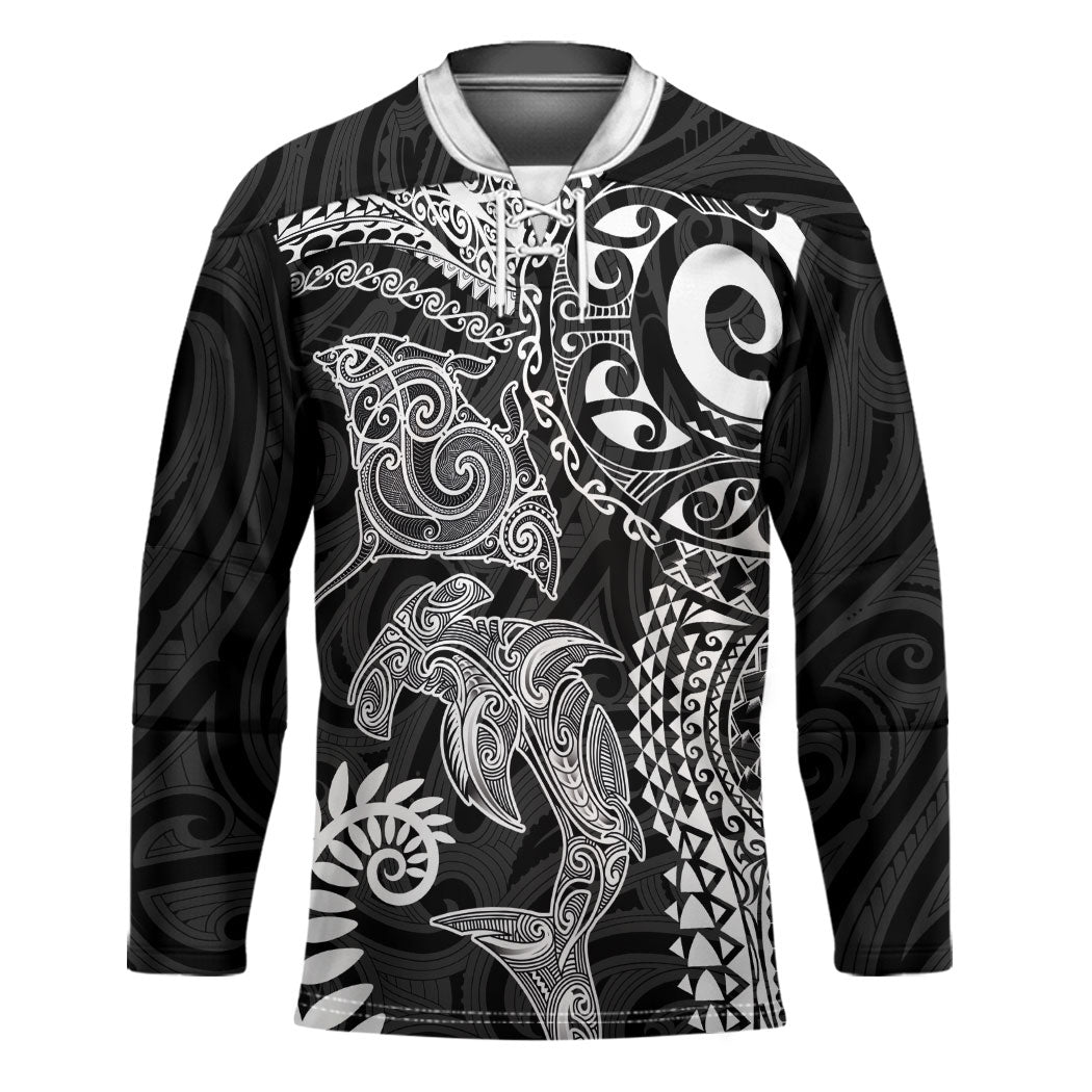 Aotearoa Maori Sea Animals Tribal Hockey Jersey Manta Ray and Shark Moko Pattern Black Color LT03 Unisex Black - Polynesian Pride