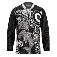Aotearoa Maori Sea Animals Tribal Hockey Jersey Manta Ray and Shark Moko Pattern Black Color LT03 Unisex Black - Polynesian Pride