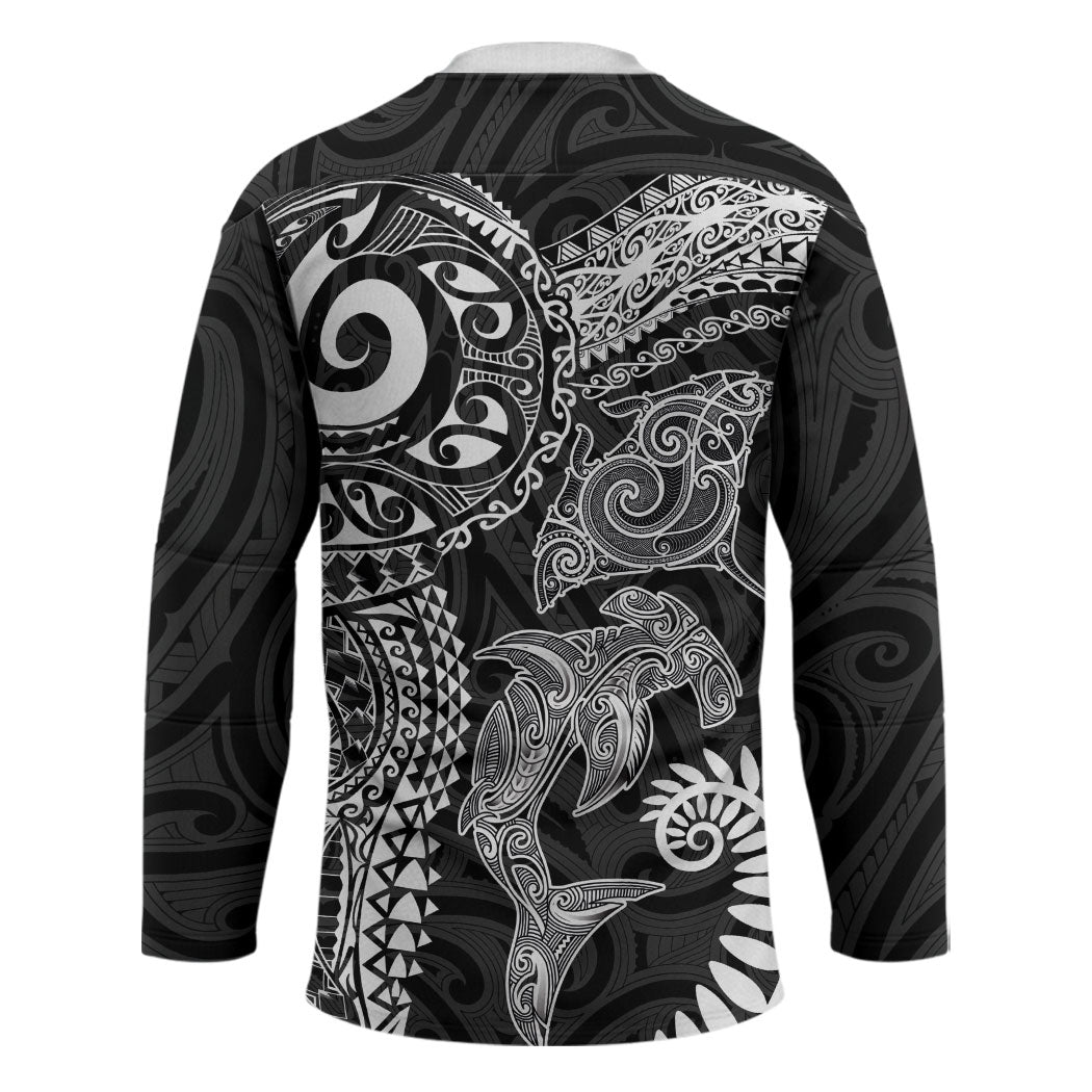 Aotearoa Maori Sea Animals Tribal Hockey Jersey Manta Ray and Shark Moko Pattern Black Color LT03 - Polynesian Pride