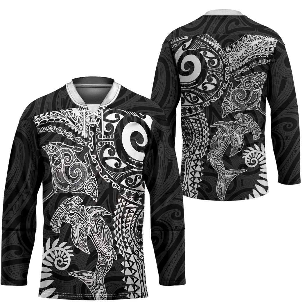 Aotearoa Maori Sea Animals Tribal Hockey Jersey Manta Ray and Shark Moko Pattern Black Color LT03 - Polynesian Pride