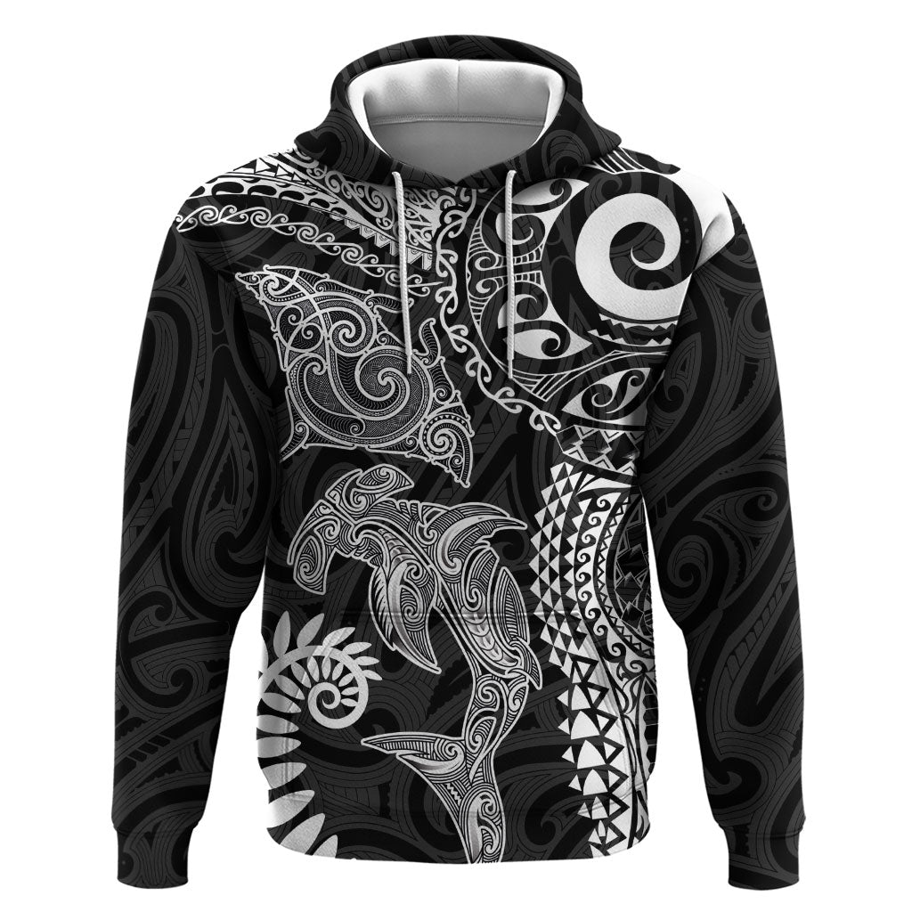 Aotearoa Maori Sea Animals Tribal Hoodie Manta Ray and Shark Moko Pattern Black Color
