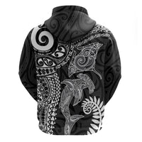 Aotearoa Maori Sea Animals Tribal Hoodie Manta Ray and Shark Moko Pattern Black Color
