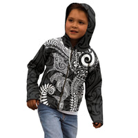 Aotearoa Maori Sea Animals Tribal Kid Hoodie Manta Ray and Shark Moko Pattern Black Color
