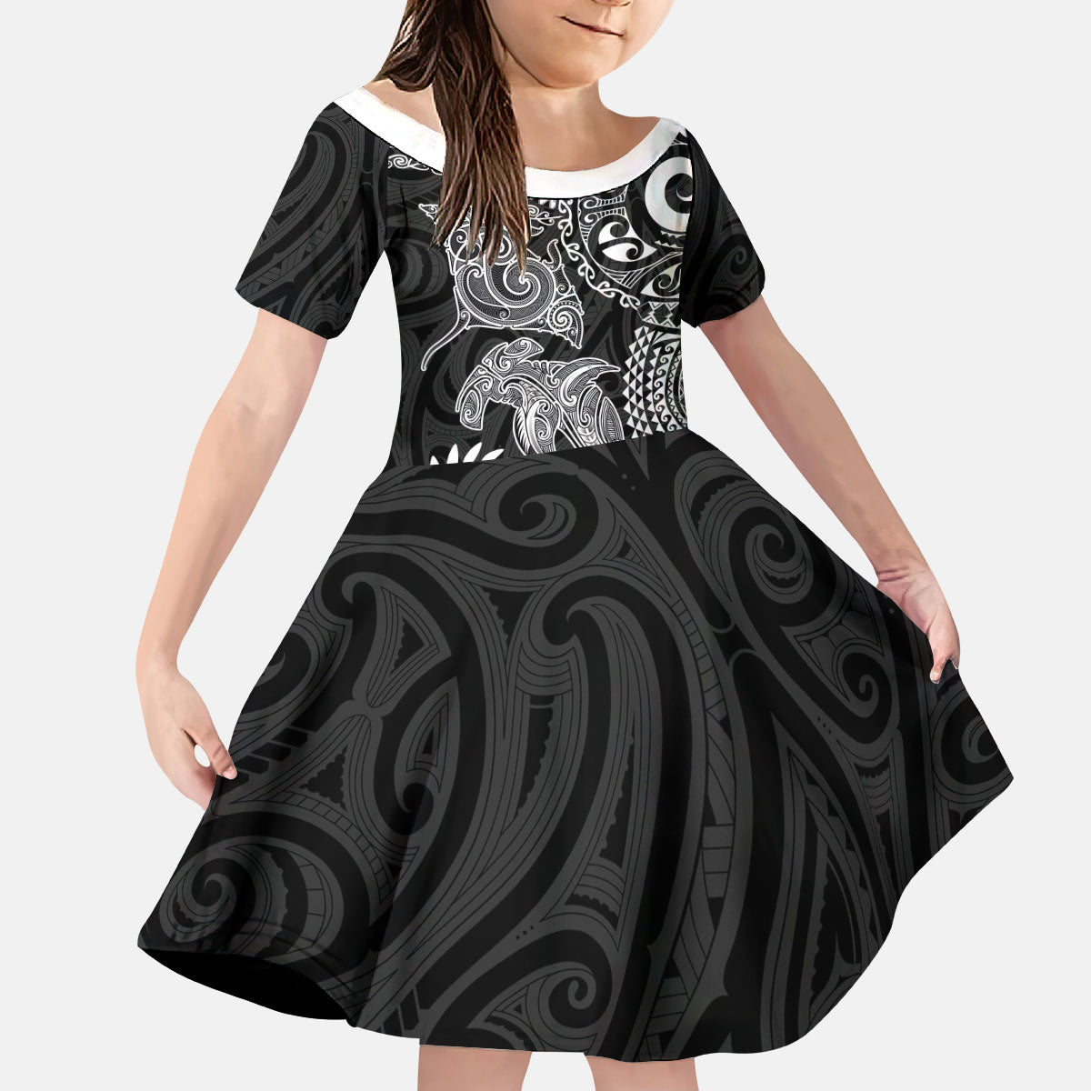 Aotearoa Maori Sea Animals Tribal Kid Short Sleeve Dress Manta Ray and Shark Moko Pattern Black Color