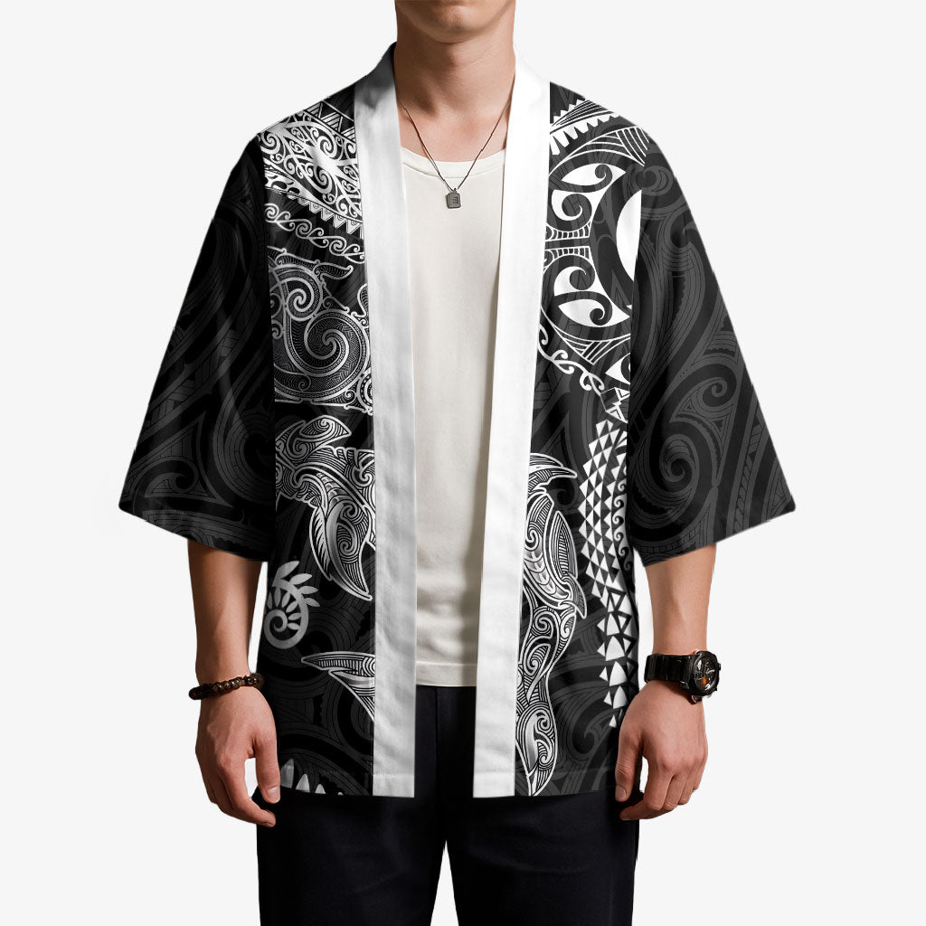 Aotearoa Maori Sea Animals Tribal Kimono Manta Ray and Shark Moko Pattern Black Color