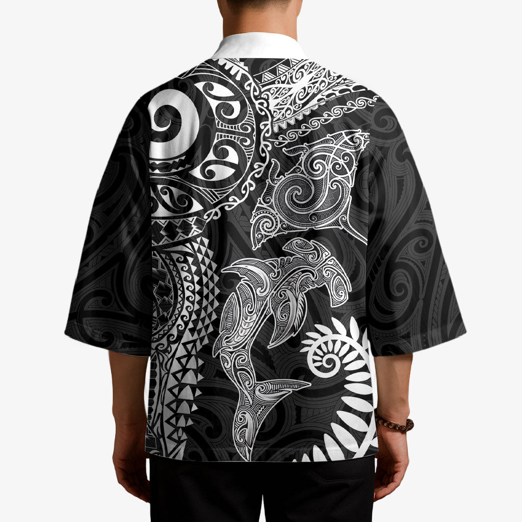 Aotearoa Maori Sea Animals Tribal Kimono Manta Ray and Shark Moko Pattern Black Color