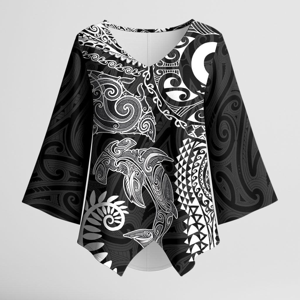 Aotearoa Maori Sea Animals Tribal Kimono Sleeve Blouse Manta Ray and Shark Moko Pattern Black Color LT03 Female Black - Polynesian Pride