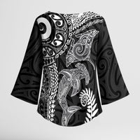 Aotearoa Maori Sea Animals Tribal Kimono Sleeve Blouse Manta Ray and Shark Moko Pattern Black Color LT03 - Polynesian Pride
