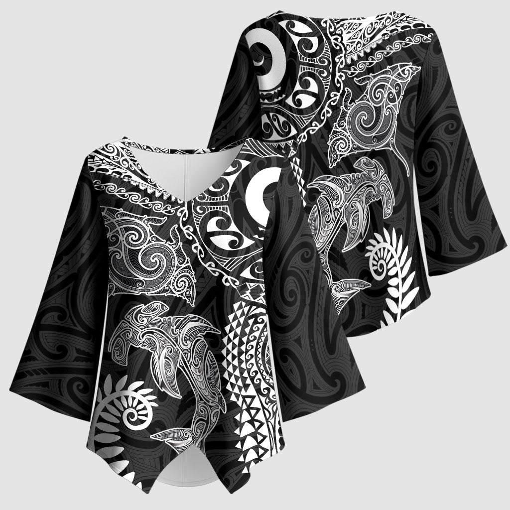Aotearoa Maori Sea Animals Tribal Kimono Sleeve Blouse Manta Ray and Shark Moko Pattern Black Color LT03 - Polynesian Pride