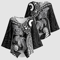 Aotearoa Maori Sea Animals Tribal Kimono Sleeve Blouse Manta Ray and Shark Moko Pattern Black Color LT03 - Polynesian Pride