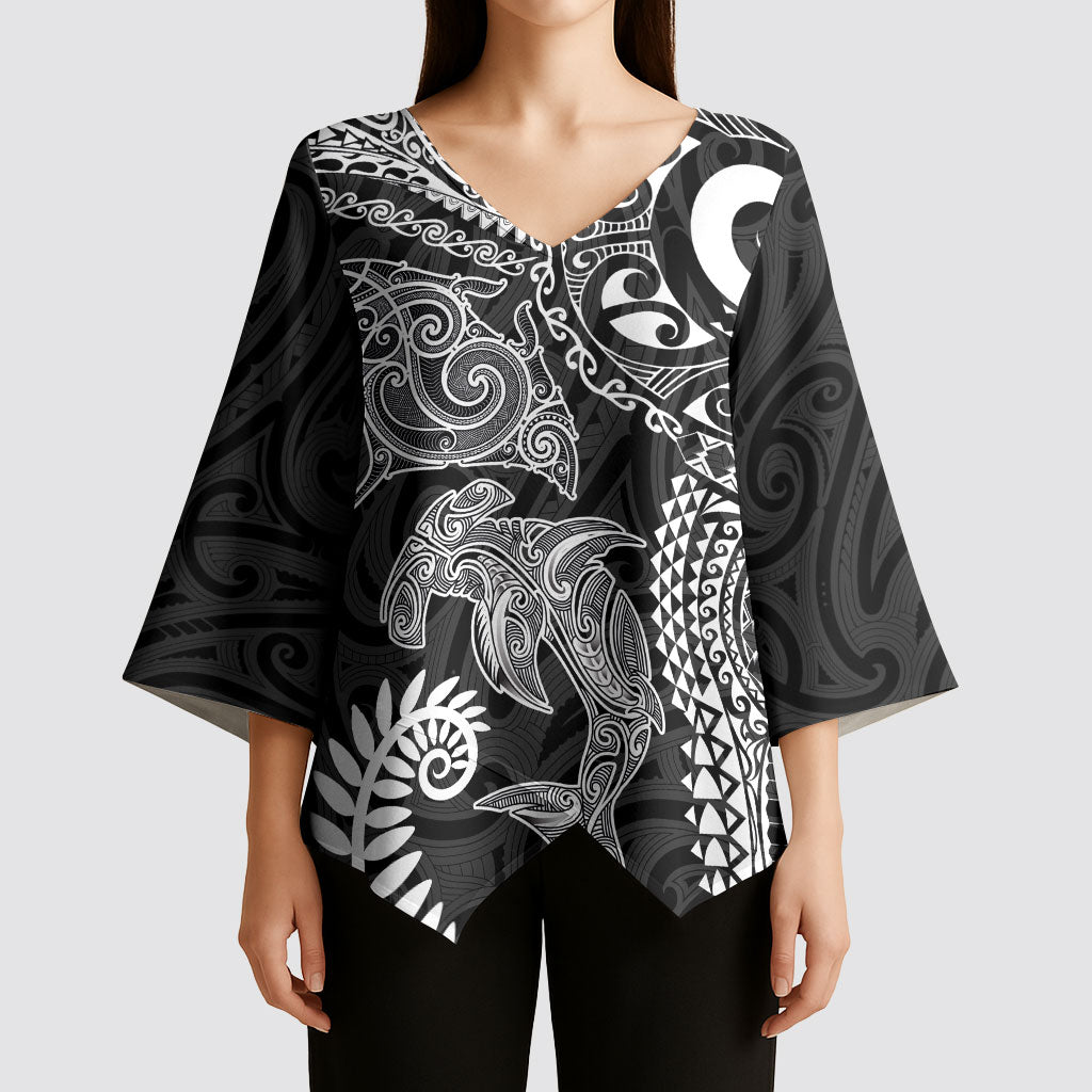Aotearoa Maori Sea Animals Tribal Kimono Sleeve Blouse Manta Ray and Shark Moko Pattern Black Color LT03 - Polynesian Pride