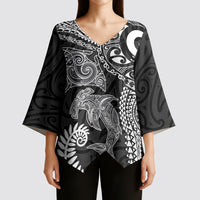Aotearoa Maori Sea Animals Tribal Kimono Sleeve Blouse Manta Ray and Shark Moko Pattern Black Color LT03 - Polynesian Pride