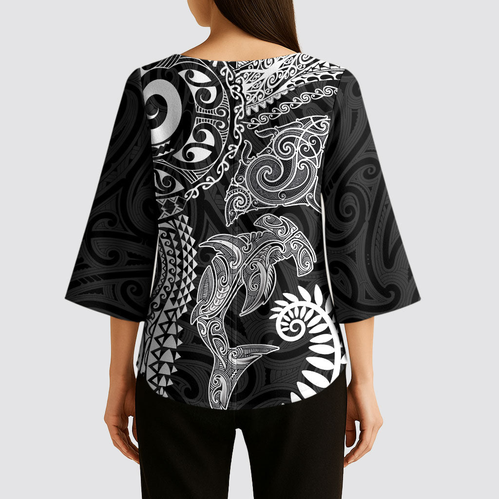 Aotearoa Maori Sea Animals Tribal Kimono Sleeve Blouse Manta Ray and Shark Moko Pattern Black Color LT03 - Polynesian Pride