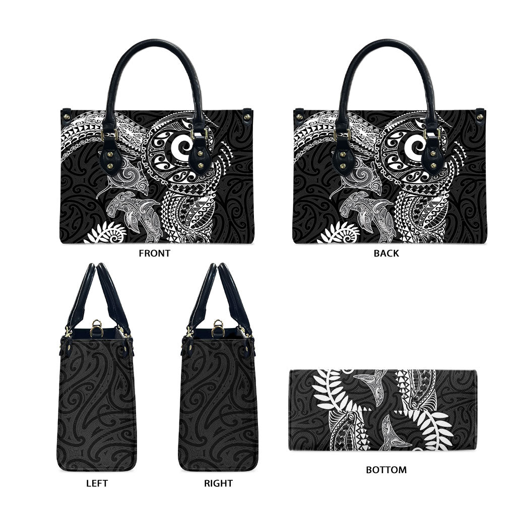 Aotearoa Maori Sea Animals Tribal Leather Bag Manta Ray and Shark Moko Pattern Black Color