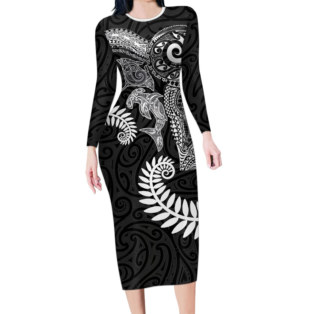 Aotearoa Maori Sea Animals Tribal Long Sleeve Bodycon Dress Manta Ray and Shark Moko Pattern Black Color