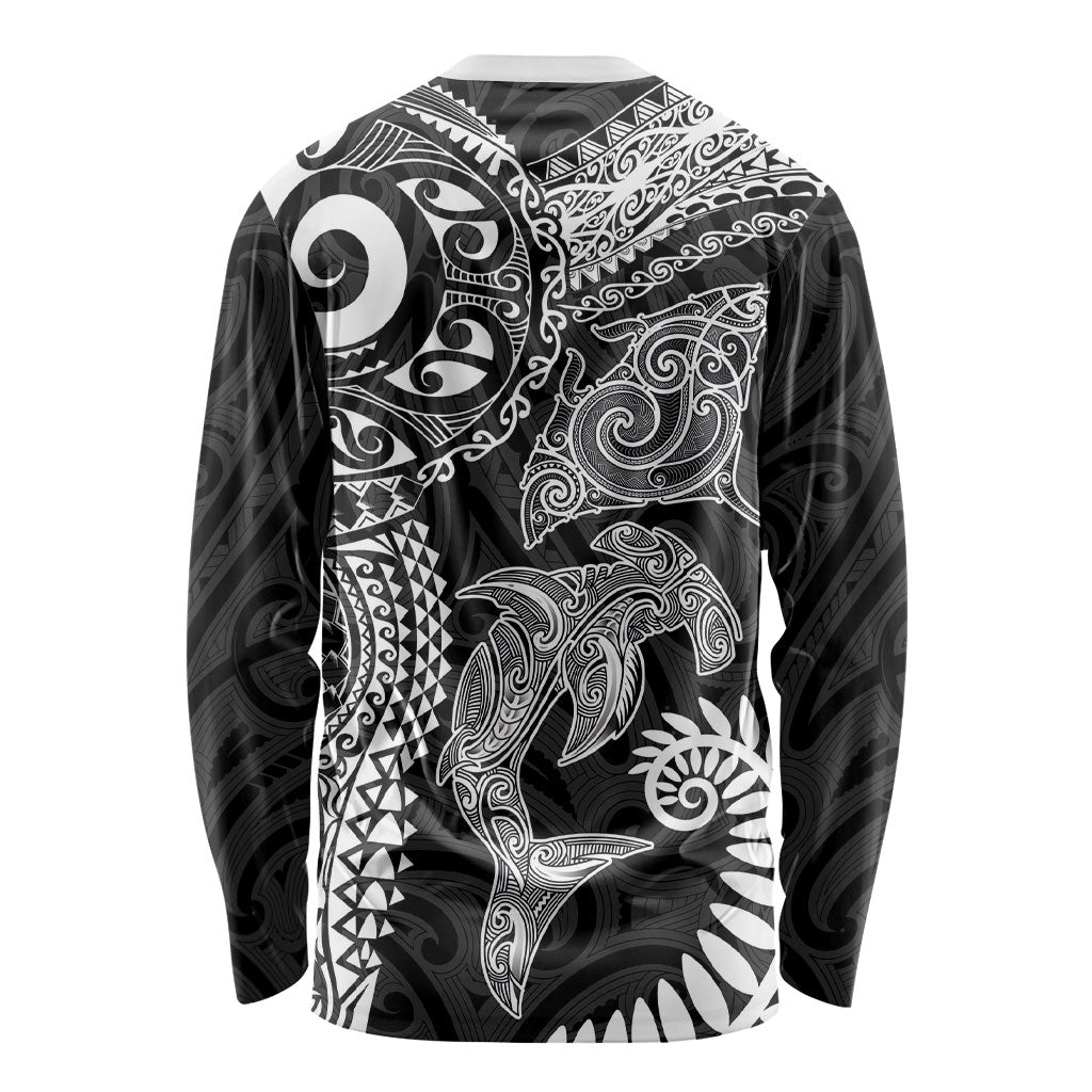 Aotearoa Maori Sea Animals Tribal Long Sleeve Shirt Manta Ray and Shark Moko Pattern Black Color