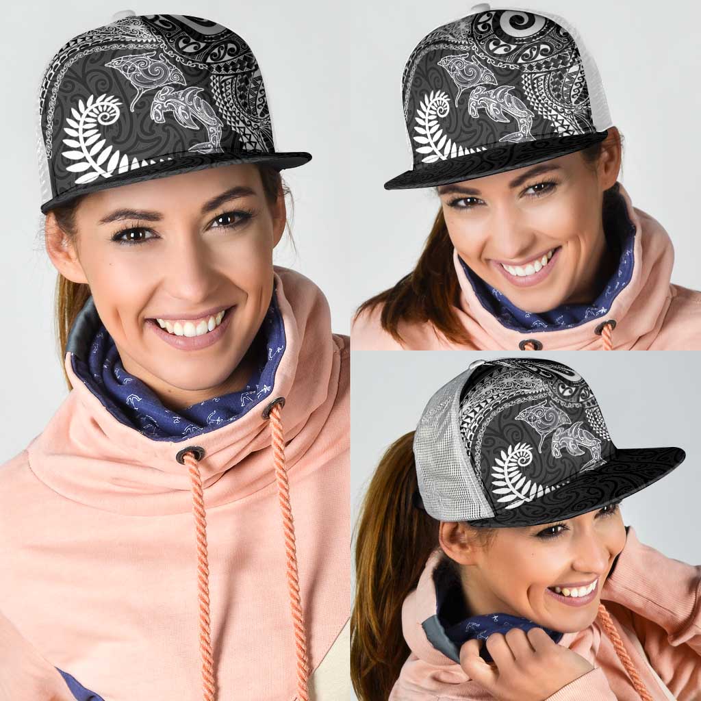Aotearoa Maori Sea Animals Tribal Mesh Trucker Cap Manta Ray and Shark Moko Pattern Black Color