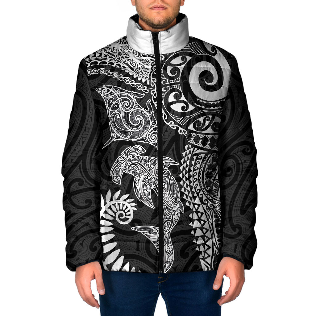 Aotearoa Maori Sea Animals Tribal Padded Jacket Manta Ray and Shark Moko Pattern Black Color