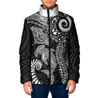 Aotearoa Maori Sea Animals Tribal Padded Jacket Manta Ray and Shark Moko Pattern Black Color