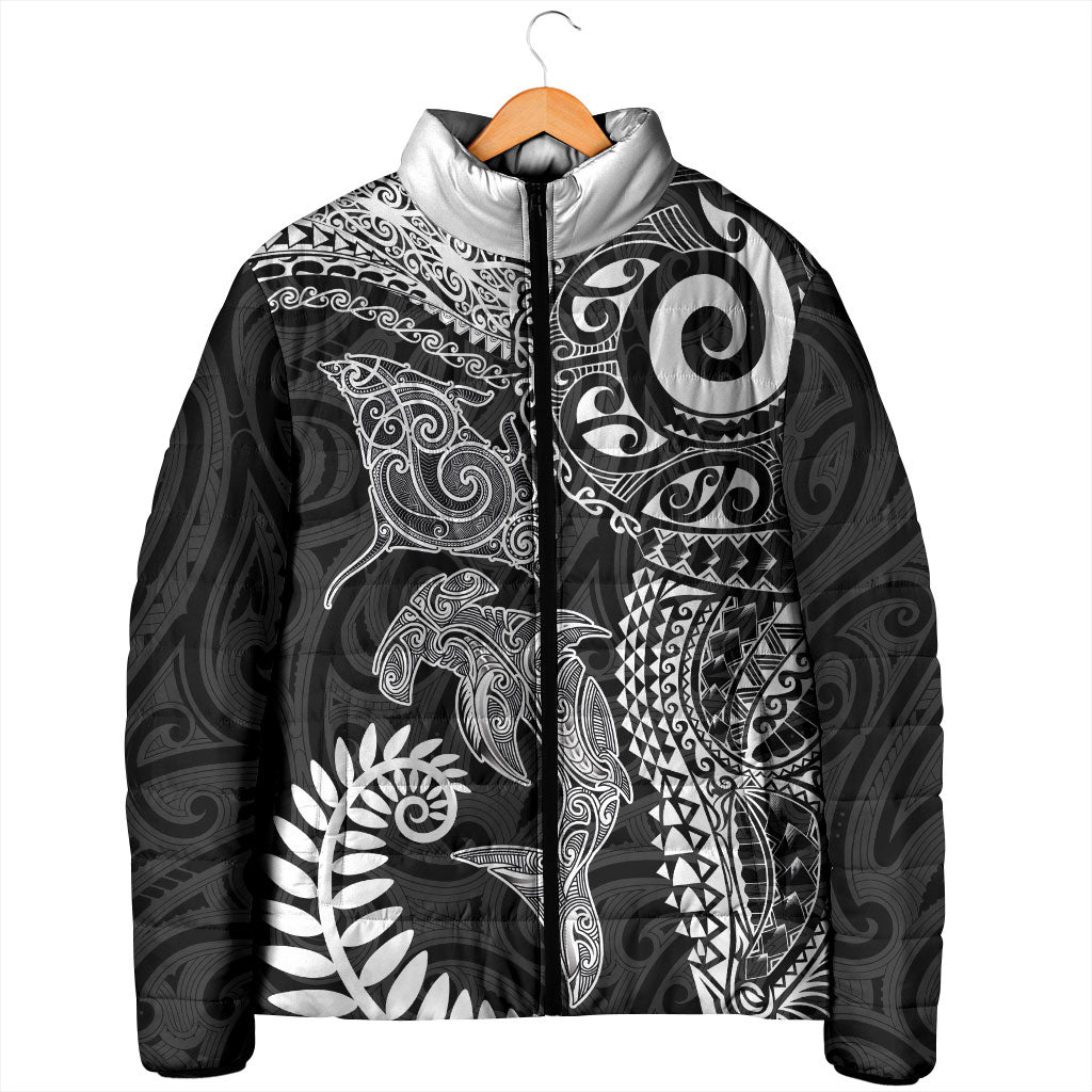 Aotearoa Maori Sea Animals Tribal Padded Jacket Manta Ray and Shark Moko Pattern Black Color