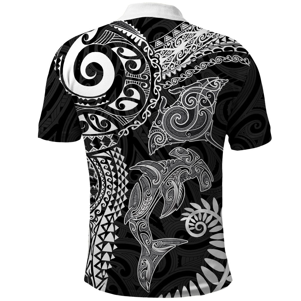 Aotearoa Maori Sea Animals Tribal Polo Shirt Manta Ray and Shark Moko Pattern Black Color