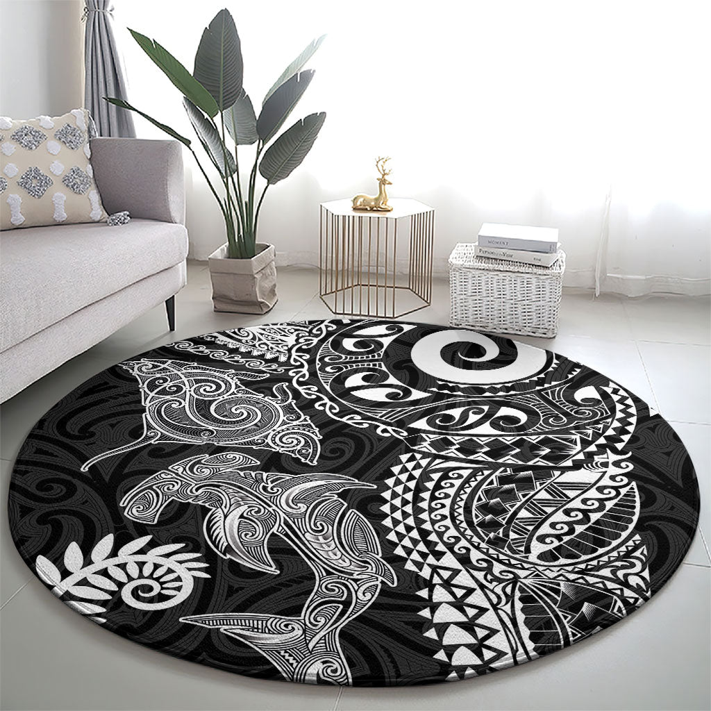 Aotearoa Maori Sea Animals Tribal Round Carpet Manta Ray and Shark Moko Pattern Black Color