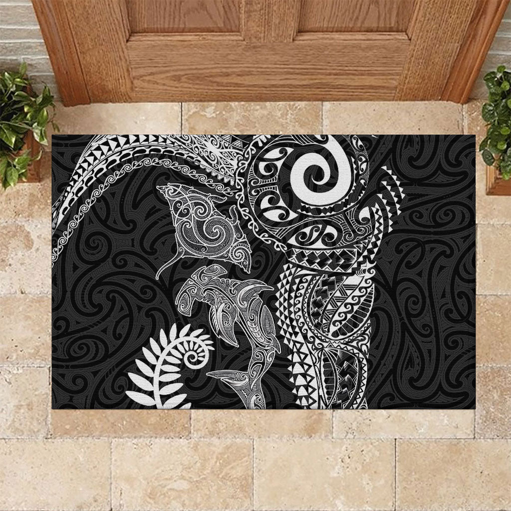 Aotearoa Maori Sea Animals Tribal Rubber Doormat Manta Ray and Shark Moko Pattern Black Color