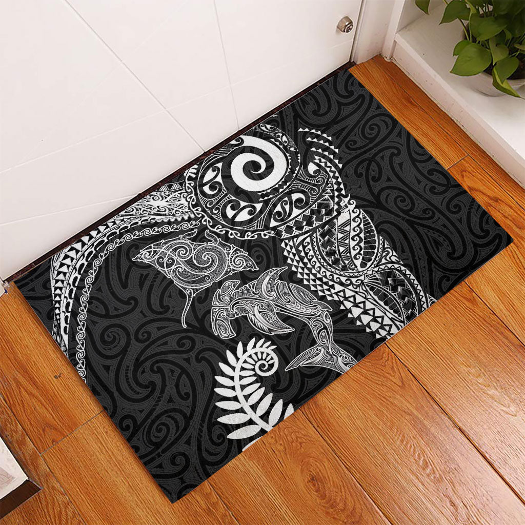 Aotearoa Maori Sea Animals Tribal Rubber Doormat Manta Ray and Shark Moko Pattern Black Color