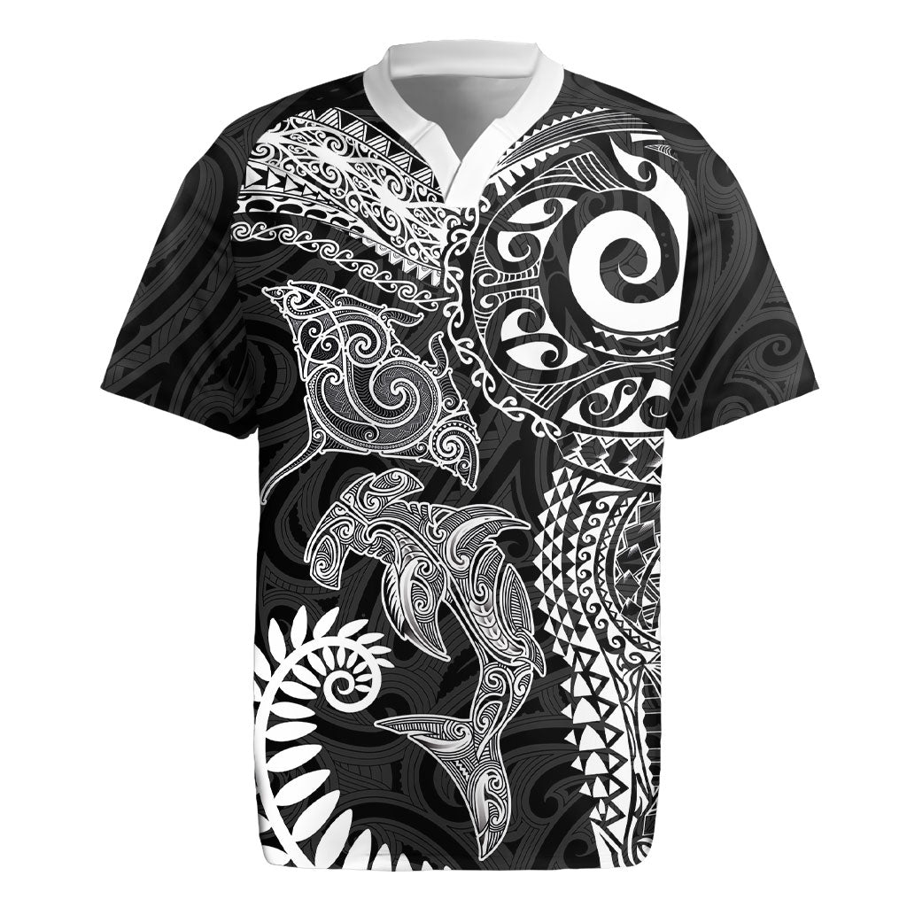Aotearoa Maori Sea Animals Tribal Rugby Jersey Manta Ray and Shark Moko Pattern Black Color