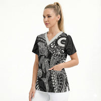 Aotearoa Maori Sea Animals Tribal Scrub Top Manta Ray and Shark Moko Pattern Black Color