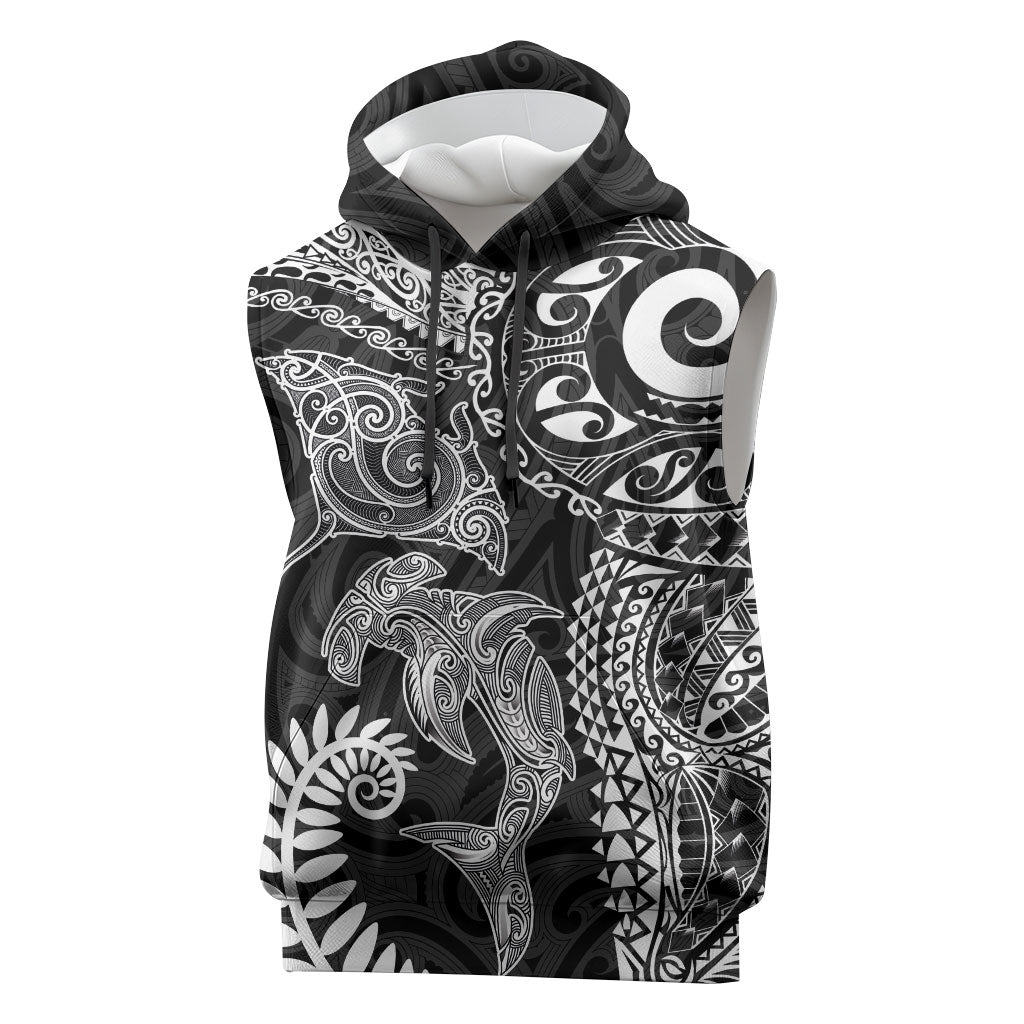 Aotearoa Maori Sea Animals Tribal Sleeveless Hoodie Manta Ray and Shark Moko Pattern Black Color