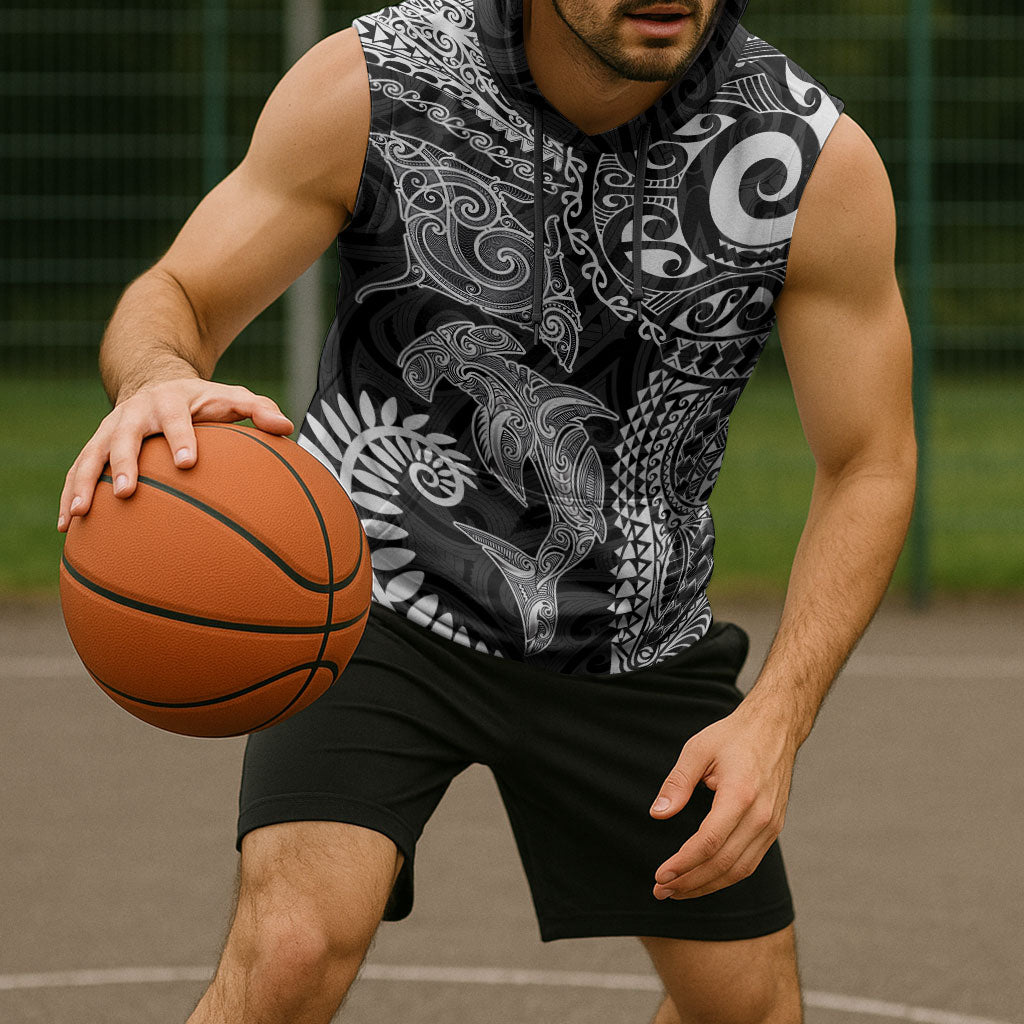 Aotearoa Maori Sea Animals Tribal Sleeveless Hoodie Manta Ray and Shark Moko Pattern Black Color