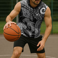 Aotearoa Maori Sea Animals Tribal Sleeveless Hoodie Manta Ray and Shark Moko Pattern Black Color