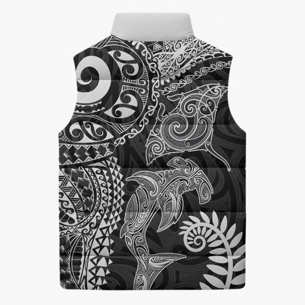 Aotearoa Maori Sea Animals Tribal Sleeveless Puffer Jacket Manta Ray and Shark Moko Pattern Black Color