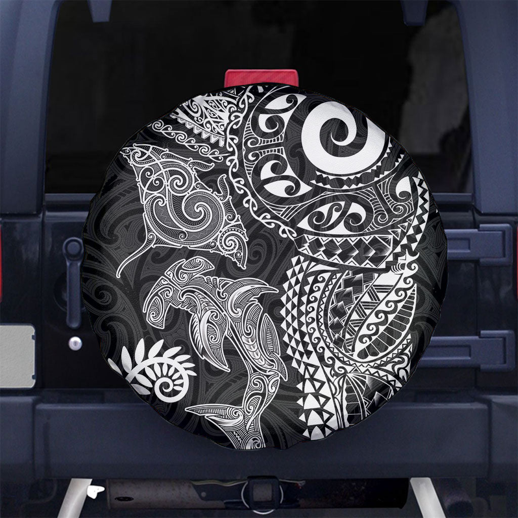 Aotearoa Maori Sea Animals Tribal Spare Tire Cover Manta Ray and Shark Moko Pattern Black Color