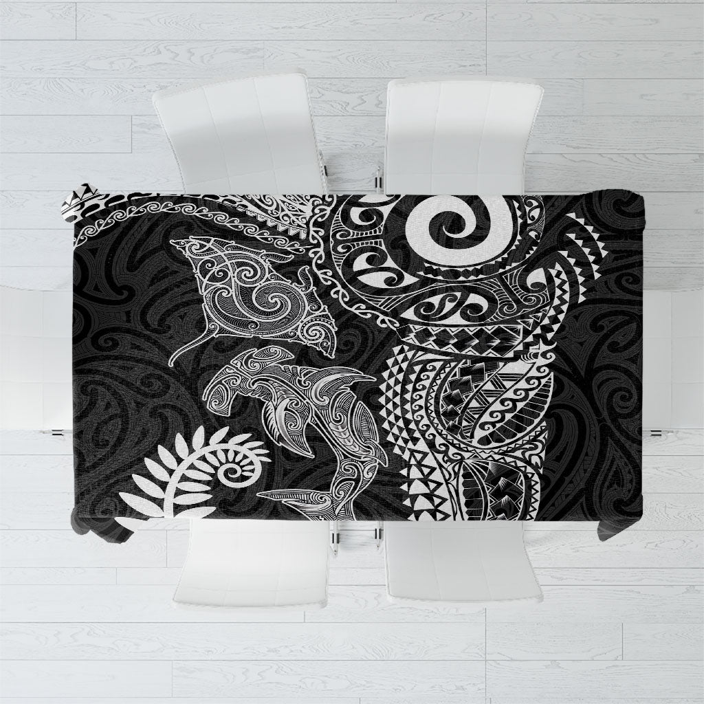 Aotearoa Maori Sea Animals Tribal Tablecloth Manta Ray and Shark Moko Pattern Black Color