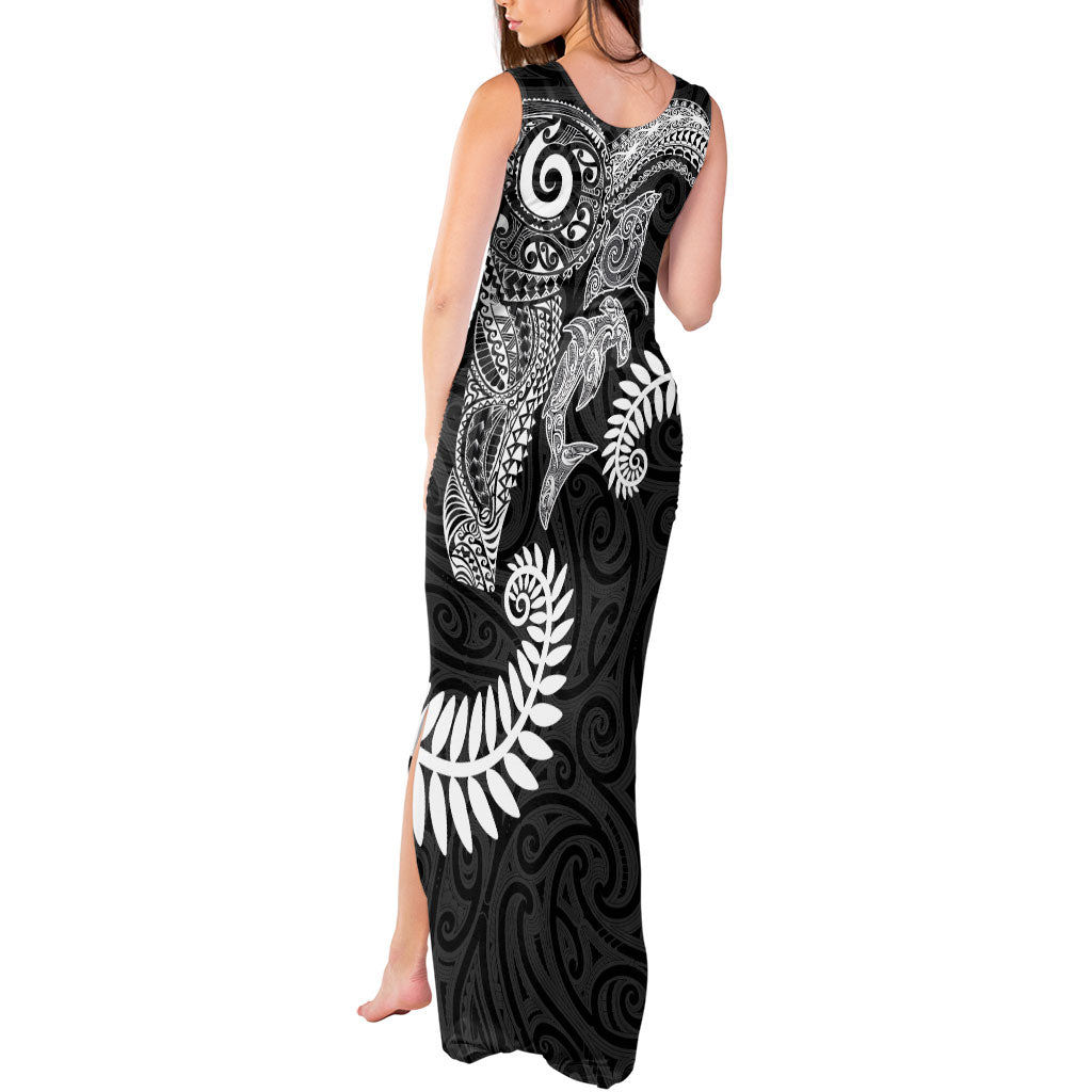 Aotearoa Maori Sea Animals Tribal Tank Maxi Dress Manta Ray and Shark Moko Pattern Black Color