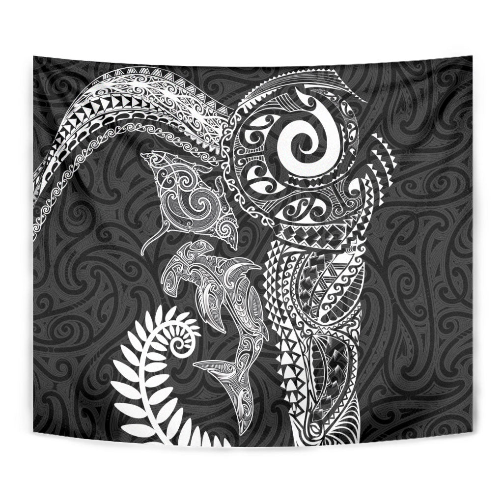 Aotearoa Maori Sea Animals Tribal Tapestry Manta Ray and Shark Moko Pattern Black Color